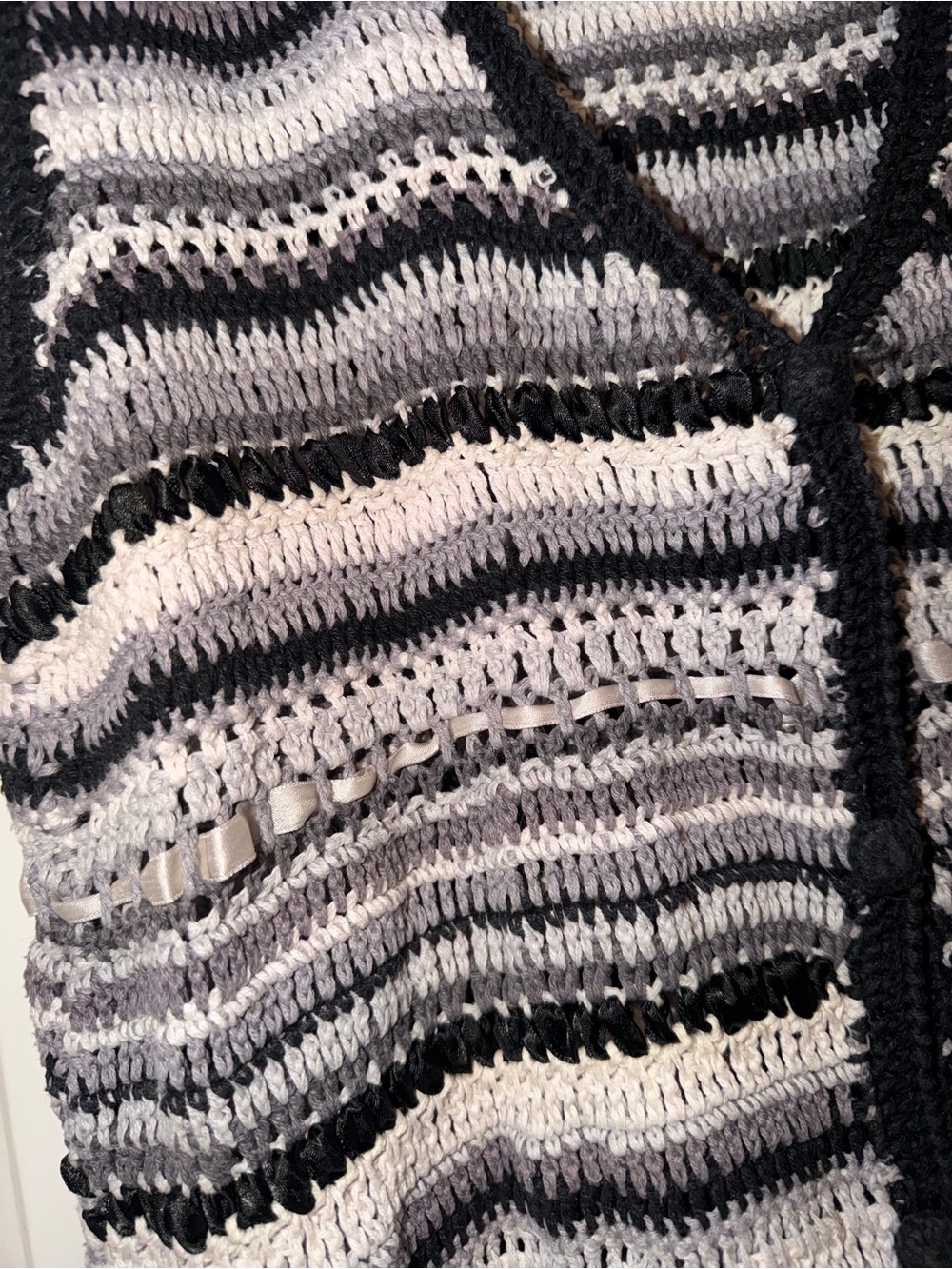 Kimberly Hunter Vintage Crochet Striped Vest With Ribbons— Black, Gray & Cream - Picture 4 of 6